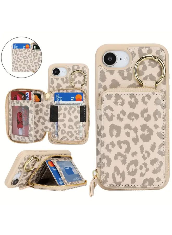 محفظة هاتف بيجية بمطبوع نمر لآيفون 16E مع فتحة بطاقات وحجرة سحاب وحلقة حامل - Image 1