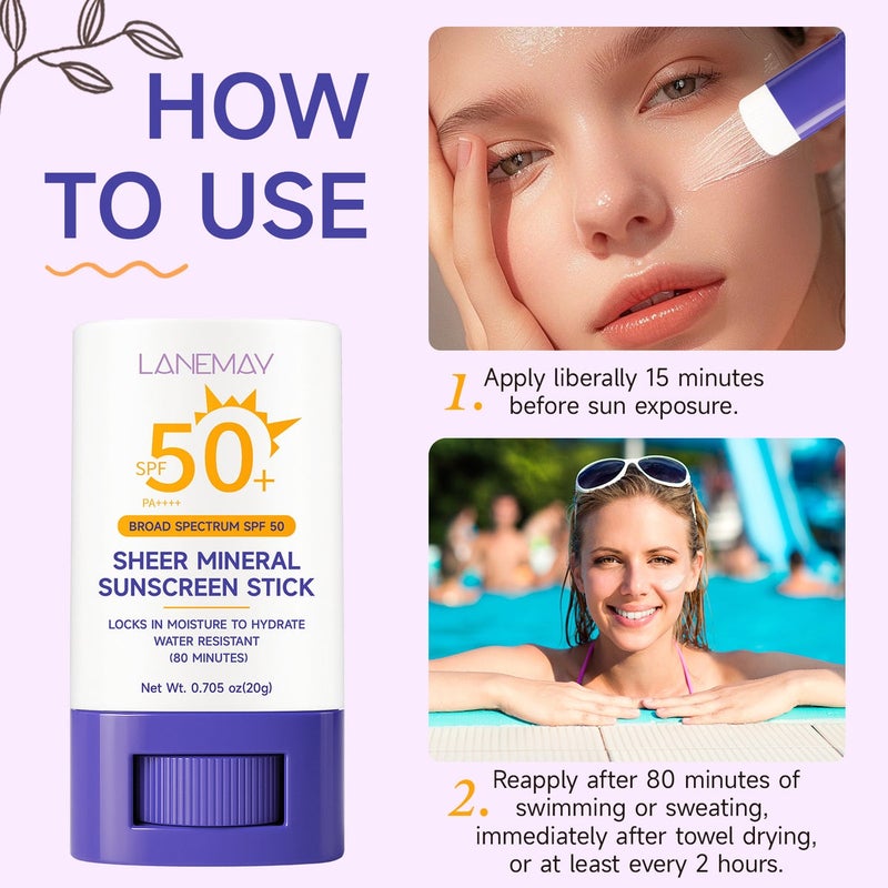 LANEMAY Sheer Mineral Sunscreen Stick SPF 50 - Broad Spectrum, Water Resistant, Hydrating - Image 4