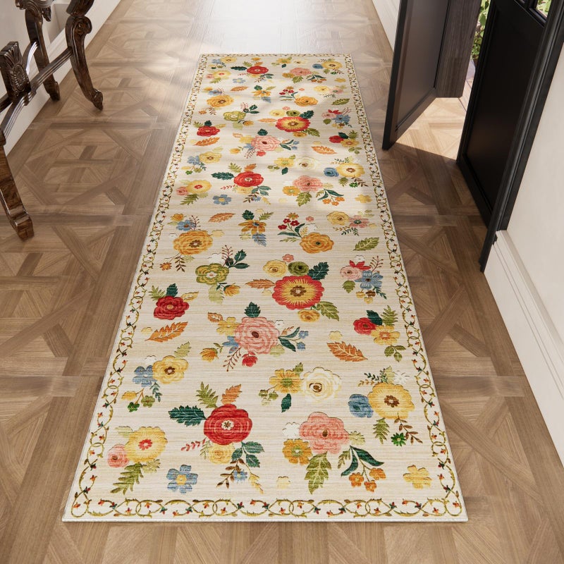 palohom Machine Washable Rug Runners for Hallway: 2'6"x8' Kitchen Runner Rugs with Rubber Backing Non Slip Low Pile Soft Faux Wool Non Shedding Floral Carpet Runner Rug for Bedroom Entryway Living Room Indoor - Image 5