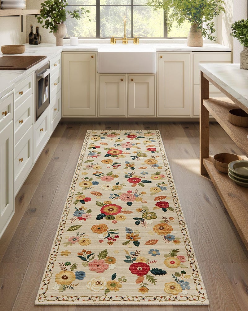 palohom Machine Washable Rug Runners for Hallway: 2'6"x8' Kitchen Runner Rugs with Rubber Backing Non Slip Low Pile Soft Faux Wool Non Shedding Floral Carpet Runner Rug for Bedroom Entryway Living Room Indoor - Image 1