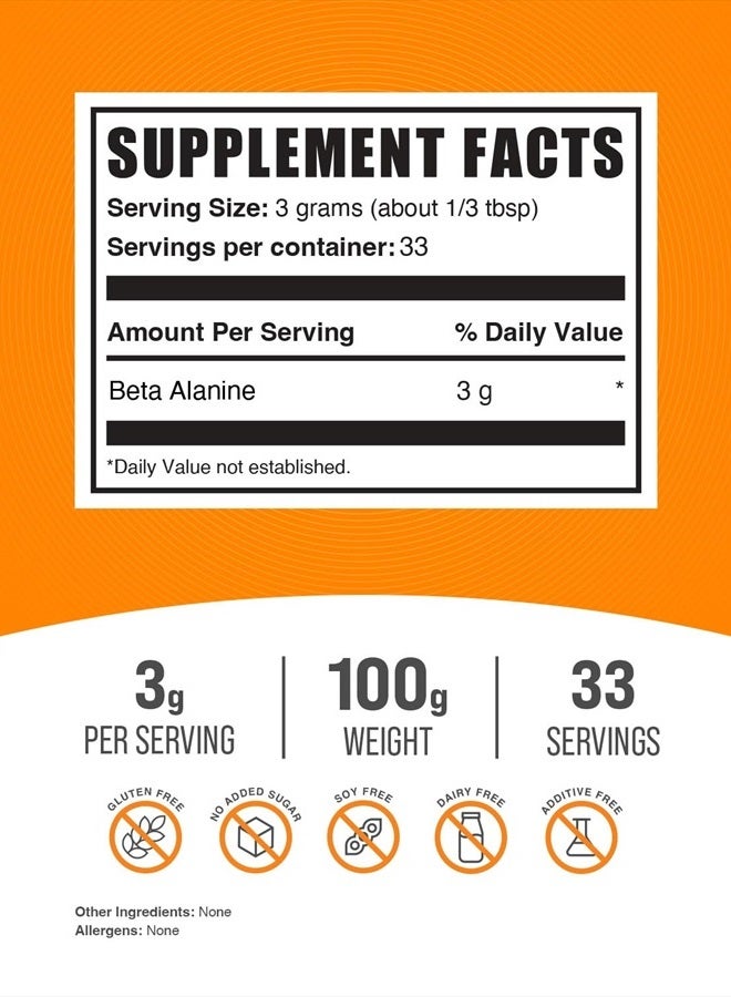 BULKSUPPLEMENTS.COM Beta Alanine Powder - Beta Alanine Supplement, Beta Alanine Pre Workout, Beta Alanine 3000mg - Unflavored & Gluten Free, 3g per Serving, 100g (3.5 oz) (Pack of 1) - Image 2