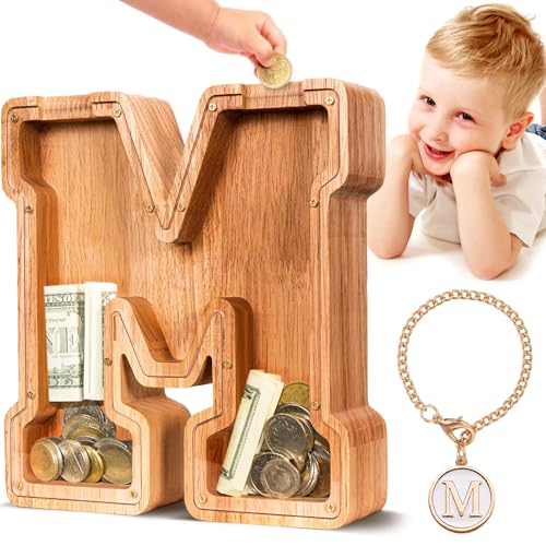 SummiDate Wooden Letter Piggy Bank for Kids Piggy Bank for Boys Girls Toddler Alphabet M Money Bank Personalized Initial Wood Coin Bank Birthday for Kids M - Image 1