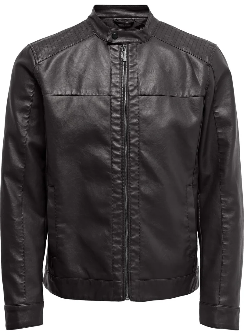 اونلي & Sons Men's Leather Jacket Black