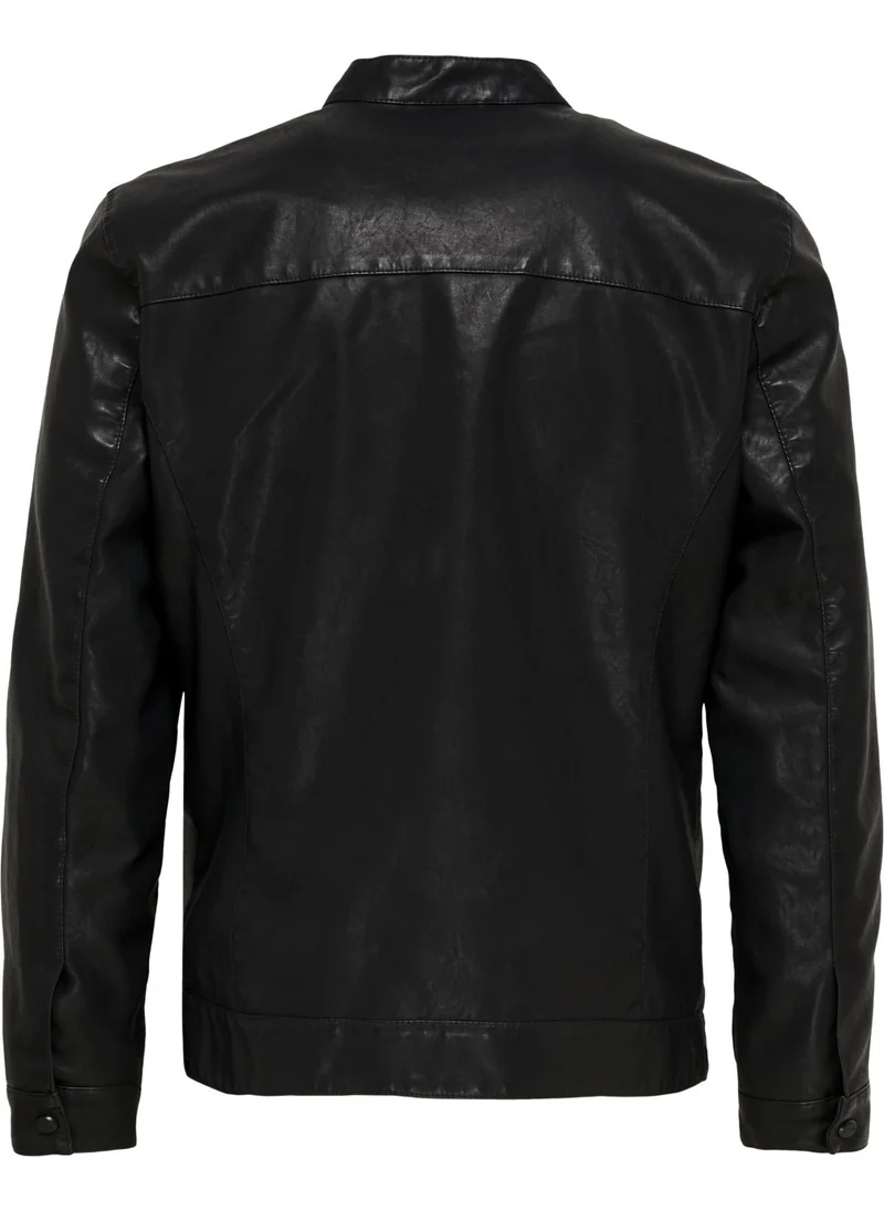 اونلي & Sons Men's Leather Jacket Black