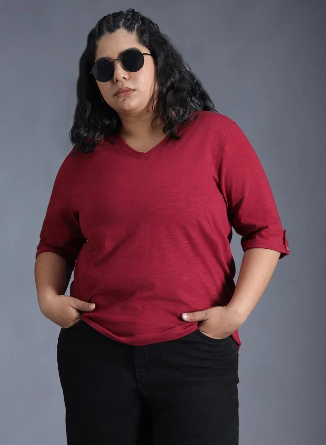 HIGH STAR  Women's Red 100% Cotton Solid Pattern Regular Fit T-Shirt for Women | Best Price UAE