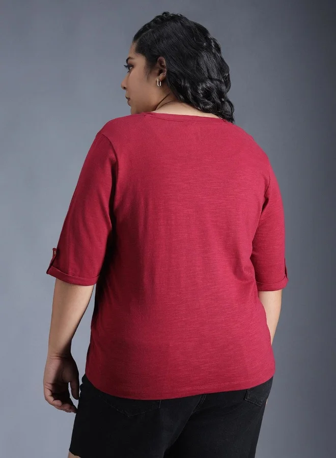 HIGH STAR  Women's Red 100% Cotton Solid Pattern Regular Fit T-Shirt for Women | Best Price UAE