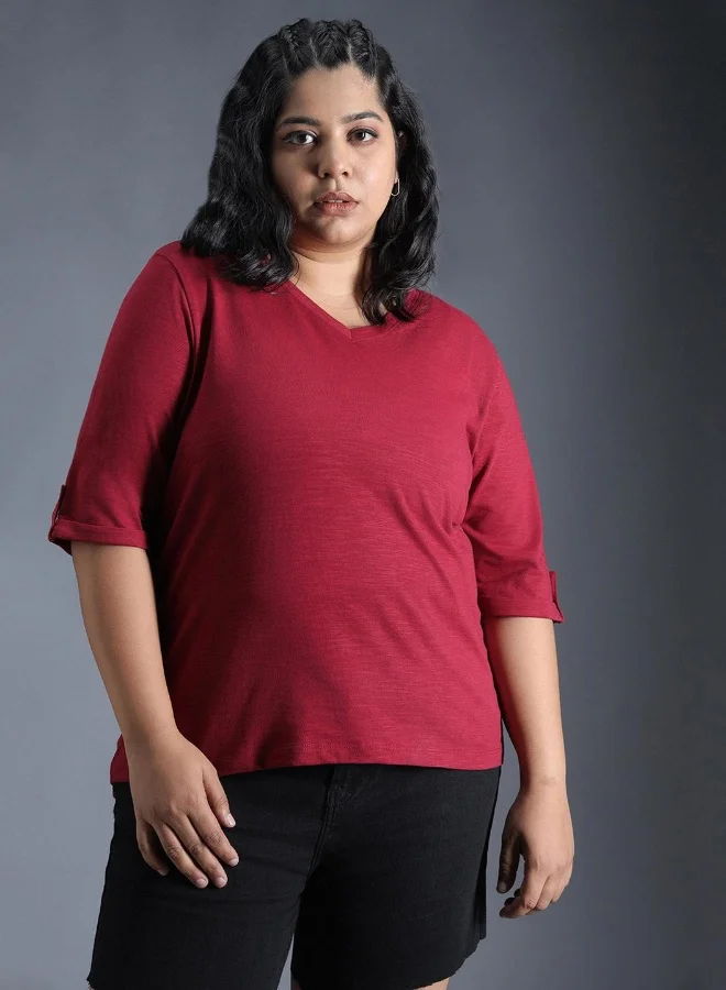 HIGH STAR  Women's Red 100% Cotton Solid Pattern Regular Fit T-Shirt for Women | Best Price UAE
