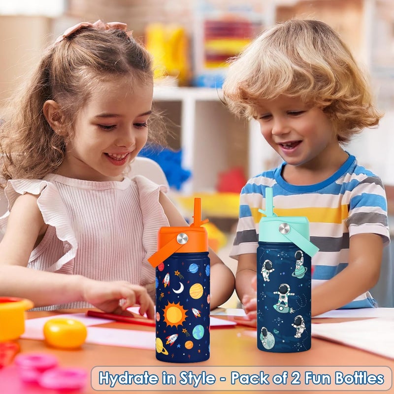 SANDJEST Kid Water Bottle 12oz with Straw Lid - 2-Pack Insulated Stainless Steel Water Bottles for Kids Boys Girls - Travel Cup for School Sports, Outer Space & Astronaut - Image 4