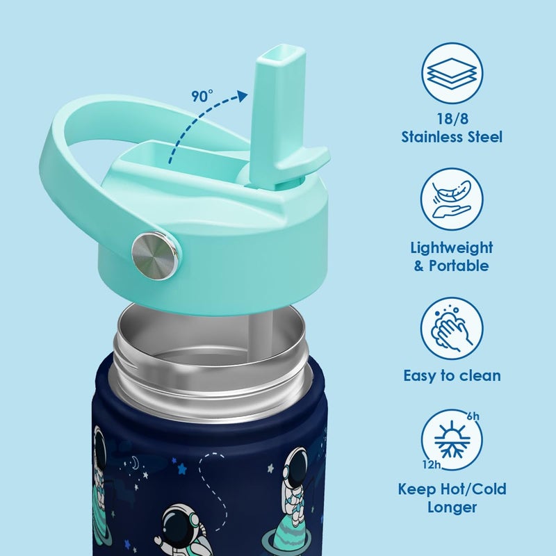 SANDJEST Kid Water Bottle 12oz with Straw Lid - 2-Pack Insulated Stainless Steel Water Bottles for Kids Boys Girls - Travel Cup for School Sports, Outer Space & Astronaut - Image 2