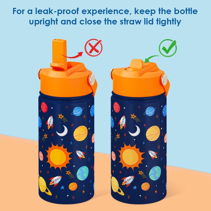 SANDJEST Kid Water Bottle 12oz with Straw Lid - 2-Pack Insulated Stainless Steel Water Bottles for Kids Boys Girls - Travel Cup for School Sports, Outer Space & Astronaut - Image 3