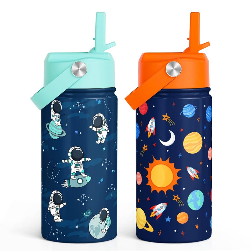 SANDJEST Kid Water Bottle 12oz with Straw Lid - 2-Pack Insulated Stainless Steel Water Bottles for Kids Boys Girls - Travel Cup for School Sports, Outer Space & Astronaut - Image 1