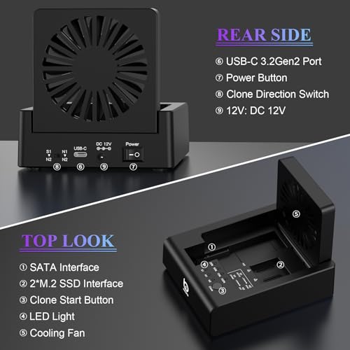xiaobi M.2 NVMe & SATA Hard Drive Docking Station, USB C 10Gbps Hard Drive cloner for M.2 PCIe NVMe + SATA 2.5”/3.5” HDD Converter, Offline Cloning, Tool-Free, Cooling Fan - Image 2