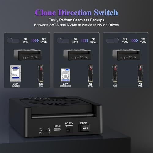 xiaobi M.2 NVMe & SATA Hard Drive Docking Station, USB C 10Gbps Hard Drive cloner for M.2 PCIe NVMe + SATA 2.5”/3.5” HDD Converter, Offline Cloning, Tool-Free, Cooling Fan - Image 3