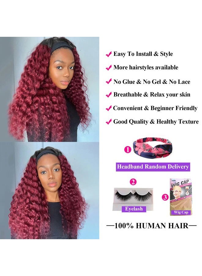 Aiterina Headband Wig deep wave human hair wigs for Black Women Brazilian Remy Hair Glueless Non Lace Front Wig 150% Density (22 inch, 1B/99J) - Image 5