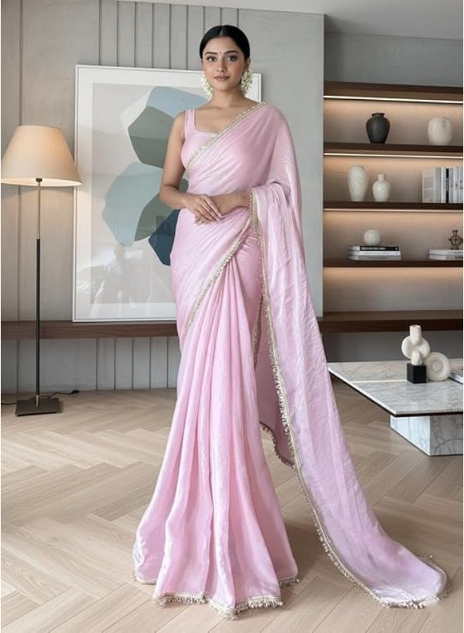 Yashika Women's Organza Satin Saree with Blouse Piece for Traditional Ethinic Wear Sari For Women|Pink - Image 2