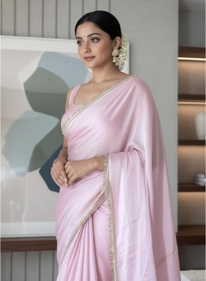 Yashika Women's Organza Satin Saree with Blouse Piece for Traditional Ethinic Wear Sari For Women|Pink - Image 3
