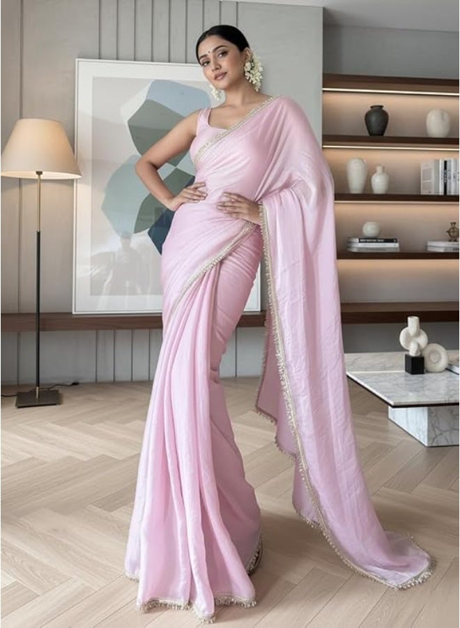 Yashika Women's Organza Satin Saree with Blouse Piece for Traditional Ethinic Wear Sari For Women|Pink - Image 4