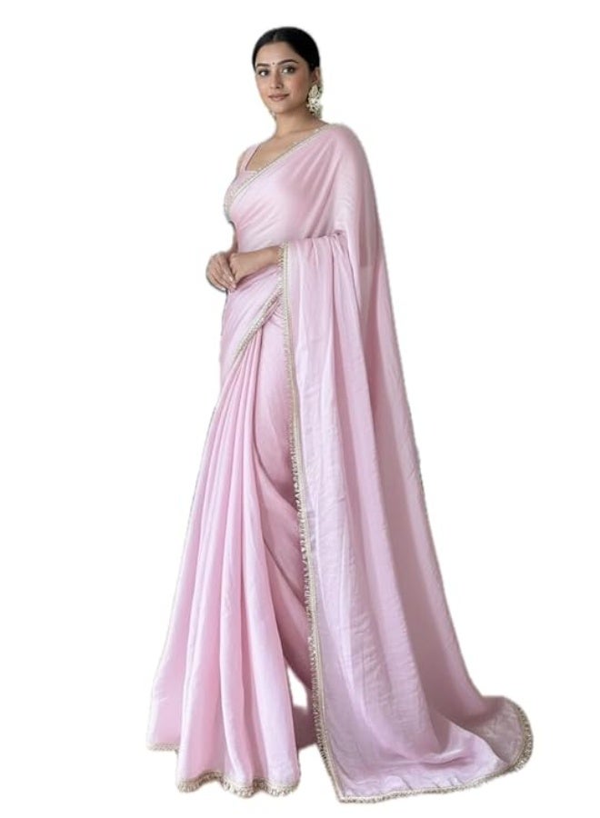 Yashika Women's Organza Satin Saree with Blouse Piece for Traditional Ethinic Wear Sari For Women|Pink - Image 1
