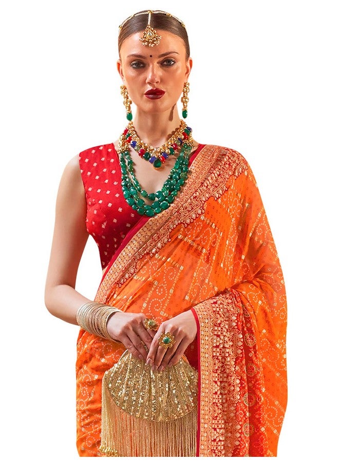 saree mall ساري مول ساري جورجيت مزخرف بطبعة بندهاني مع قطعة بلوزة غير مخيطة (برتقالي_ملكة848_RW) - Image 1