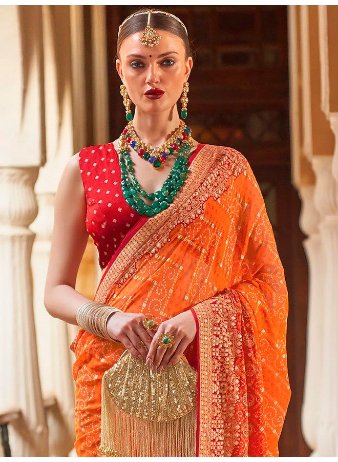 saree mall ساري مول ساري جورجيت مزخرف بطبعة بندهاني مع قطعة بلوزة غير مخيطة (برتقالي_ملكة848_RW) - Image 3