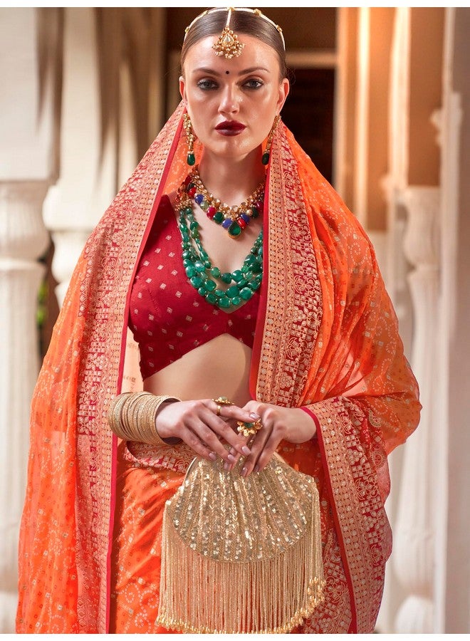 saree mall ساري مول ساري جورجيت مزخرف بطبعة بندهاني مع قطعة بلوزة غير مخيطة (برتقالي_ملكة848_RW) - Image 2