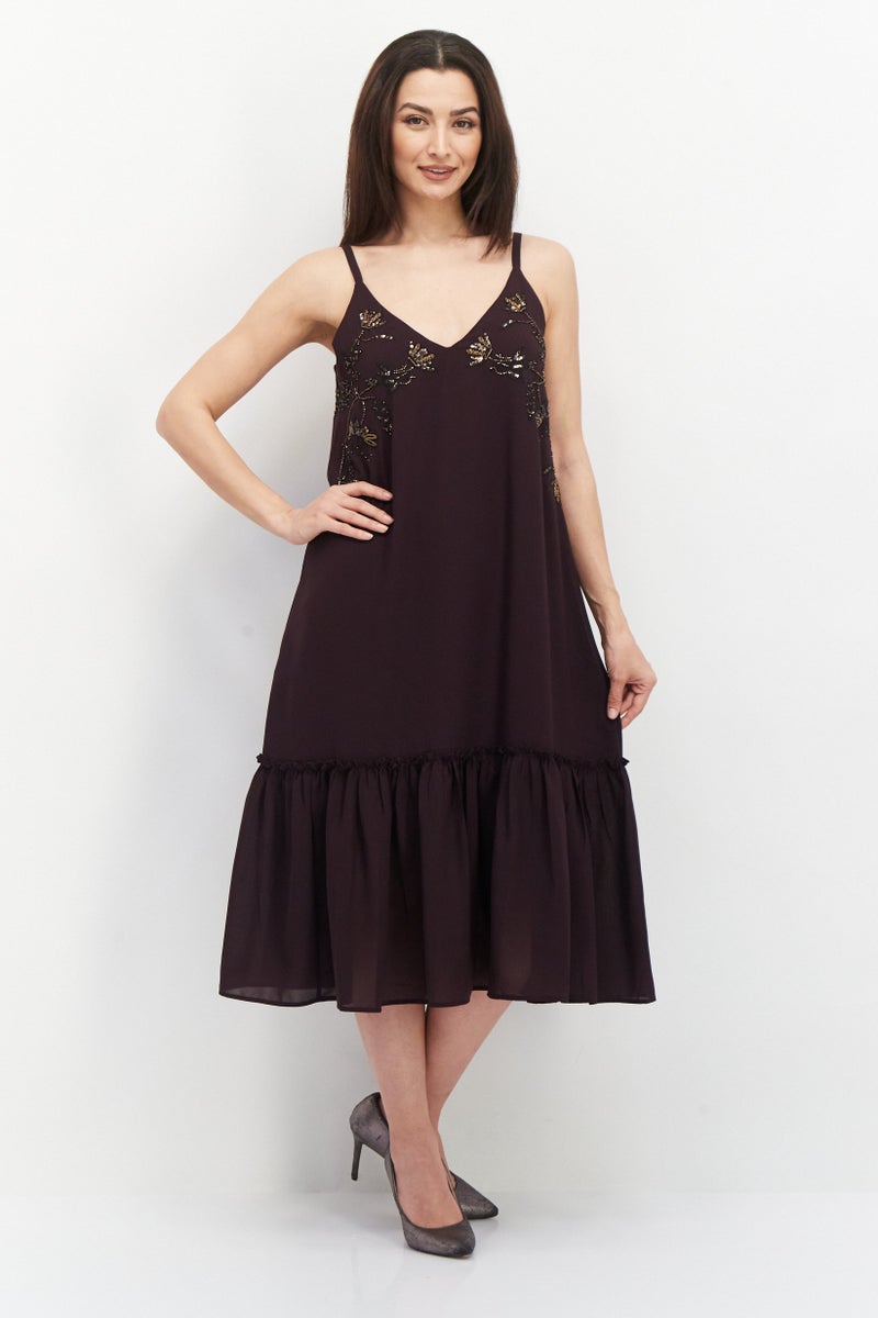 promod Women Textured Casual Midi Dress, Dark Purple - Image 1