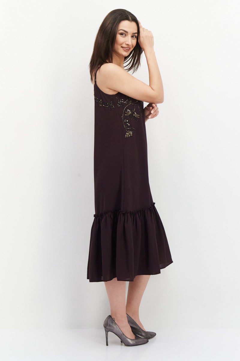 promod Women Textured Casual Midi Dress, Dark Purple - Image 2