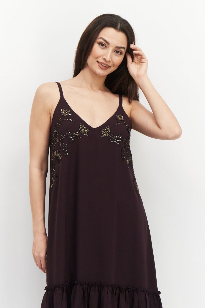 promod Women Textured Casual Midi Dress, Dark Purple - Image 4