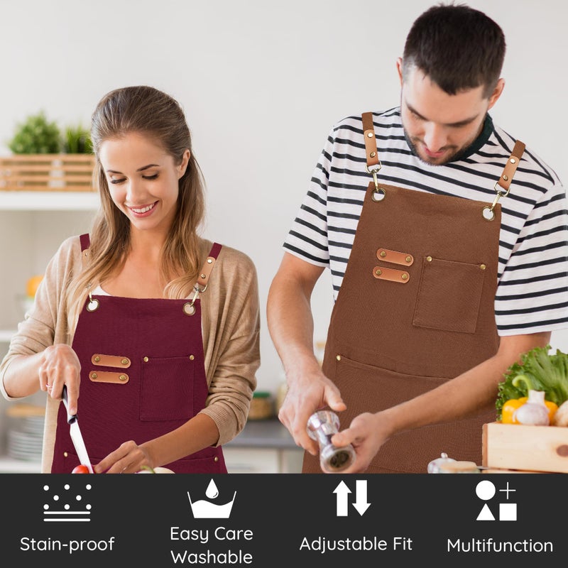 FunChaos Brown Canvas Aprons, Work Aprons for Men Women, Chef Aprons with Adjustable Strap and 3 Pockets, Apron for Servers Kitchen Cooking Baking Artist Painting, Cross Back - Image 2