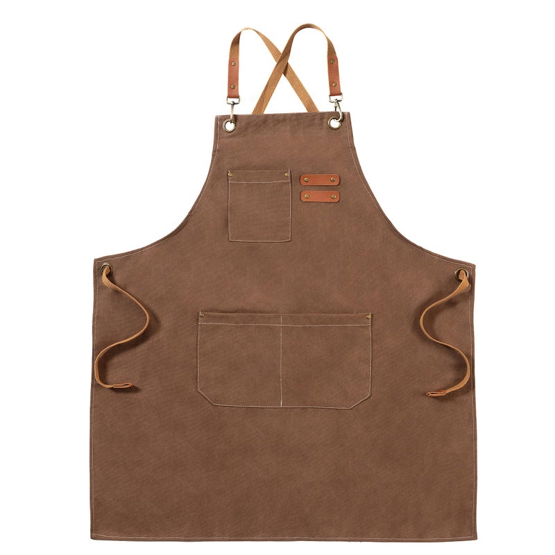 FunChaos Brown Canvas Aprons, Work Aprons for Men Women, Chef Aprons with Adjustable Strap and 3 Pockets, Apron for Servers Kitchen Cooking Baking Artist Painting, Cross Back - Image 1