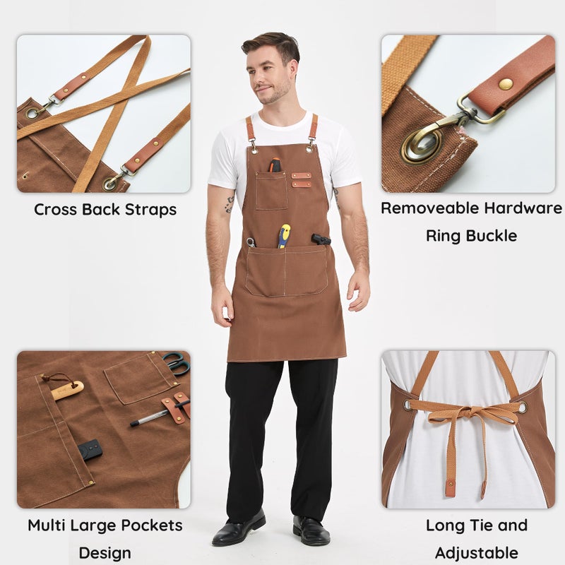 FunChaos Brown Canvas Aprons, Work Aprons for Men Women, Chef Aprons with Adjustable Strap and 3 Pockets, Apron for Servers Kitchen Cooking Baking Artist Painting, Cross Back - Image 4