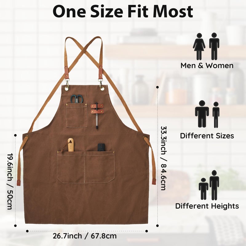 FunChaos Brown Canvas Aprons, Work Aprons for Men Women, Chef Aprons with Adjustable Strap and 3 Pockets, Apron for Servers Kitchen Cooking Baking Artist Painting, Cross Back - Image 5