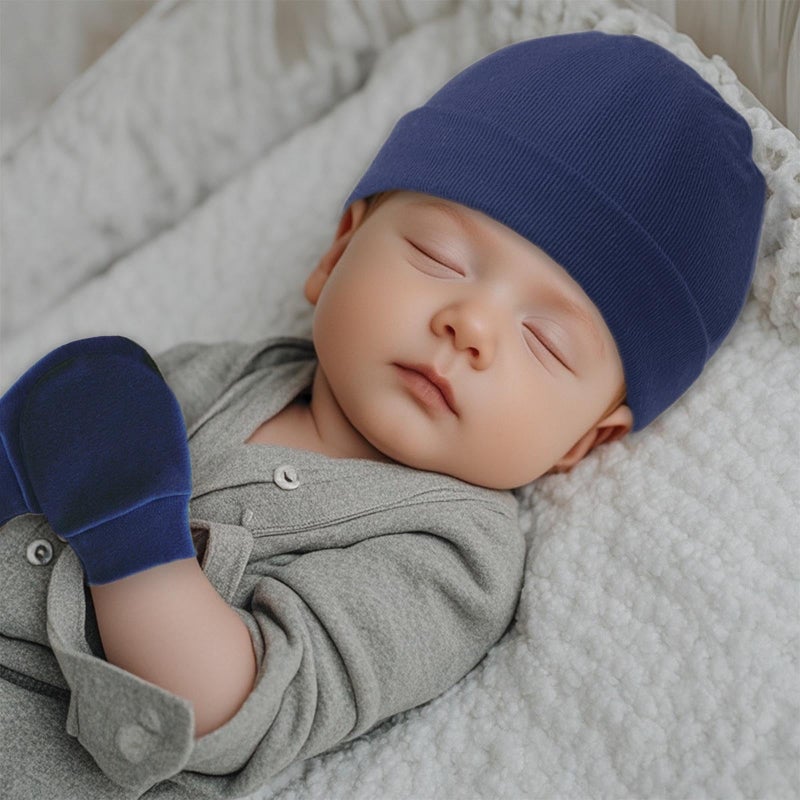 Fecawd Baby Hats and Mittens Newborn Hats Gloves Infant Beanie Soft Cap Mitten Sets for 0-6 Months Boys Girls (Blue,4 Pcs) - Image 4