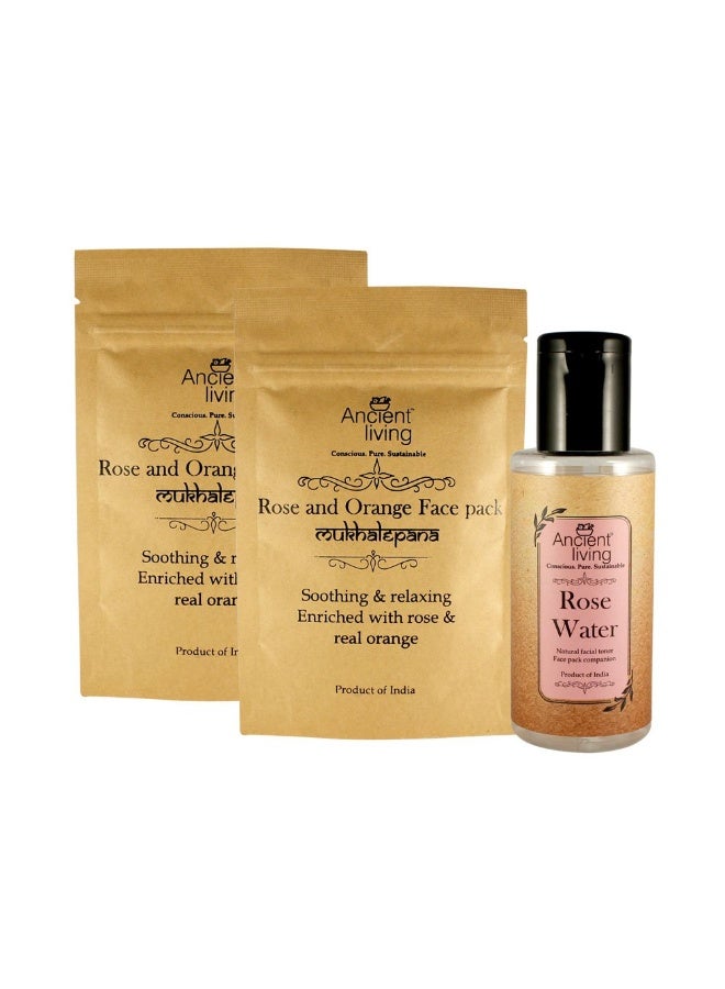 Ancient Living Organic Skin Soothing & Refreshing Pack - Promotes Radiant skin (Rose & Orange Face 40g Pack Pouch 2 & Rose Water 100 Ml) - Image 1
