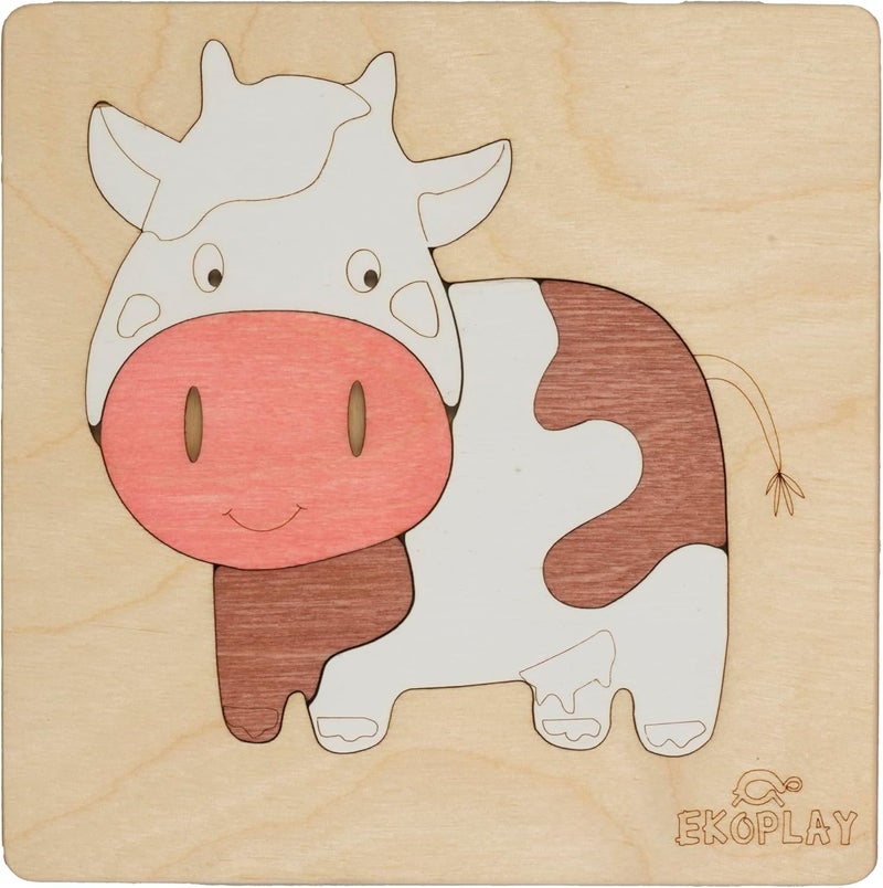 EKOPLAY ’s Wooden Puzzles for Kids, 5 Piece Jigsaw Puzzle for Pre-School Kids, Learning Educational Toys Gifts for Boys Girls. Animal Puzzles Sets, Pets Happy Cow. Age 3+ Years. - Image 1