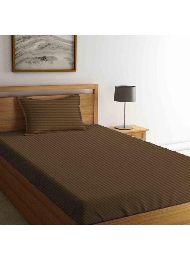 BYFT Tulip (Dark Brown) Single Size Fitted Sheet and Pillow Covers with 1 cm Satin Stripe (Set of 2 Pcs) 100% Cotton, Soft and Luxurious Hotel Quality Bed linen-300 TC  - Image 1