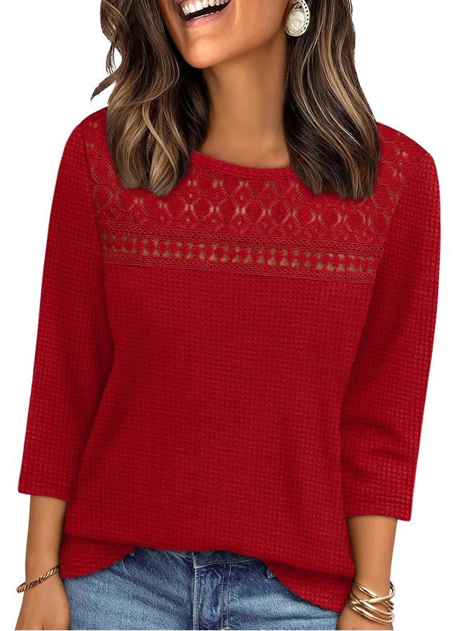 OFEEFAN Women Blouses Dressy Casual 3/4 Length Sleeve Tops Plus Size Fall Clothes Lace Crochet Trendy Waffle Knit Shirts, Red, L - Image 1