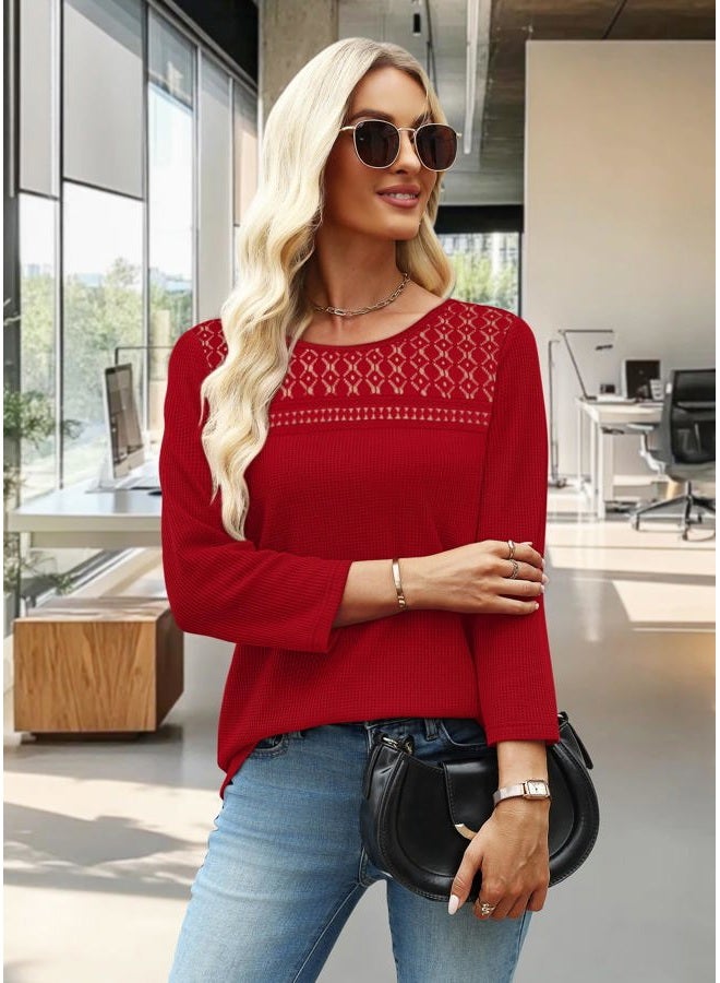 OFEEFAN Women Blouses Dressy Casual 3/4 Length Sleeve Tops Plus Size Fall Clothes Lace Crochet Trendy Waffle Knit Shirts, Red, L - Image 4