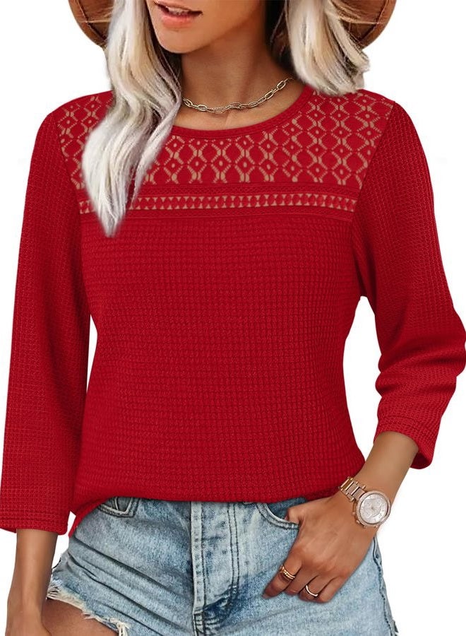 OFEEFAN Women Blouses Dressy Casual 3/4 Length Sleeve Tops Plus Size Fall Clothes Lace Crochet Trendy Waffle Knit Shirts, Red, L - Image 2