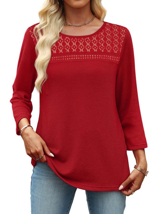OFEEFAN Women Blouses Dressy Casual 3/4 Length Sleeve Tops Plus Size Fall Clothes Lace Crochet Trendy Waffle Knit Shirts, Red, L - Image 5