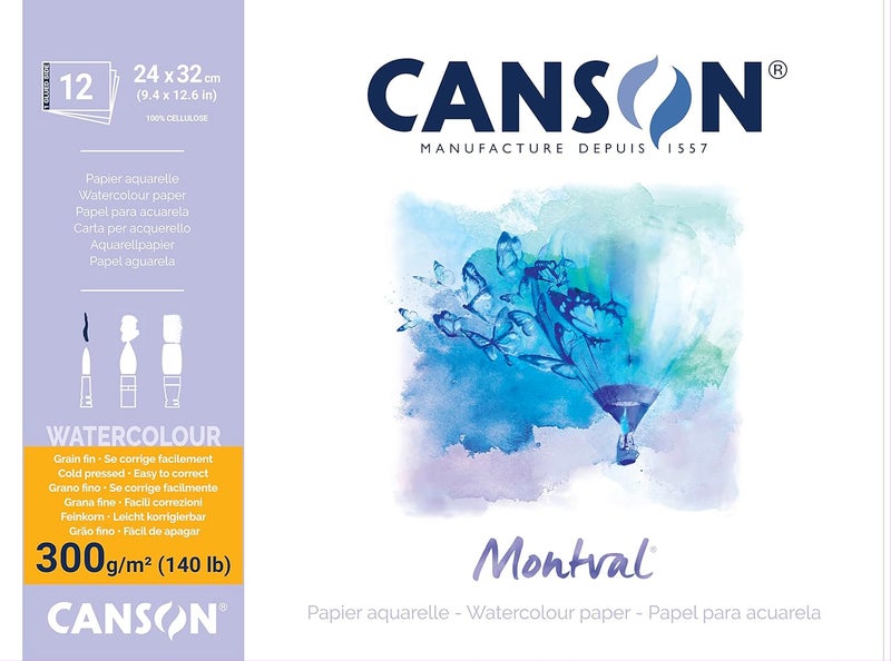 Canson Montval 300gsm watercolour practice paper pad including 12 sheets size24x32cm natural white and Cold Pressed Not - Image 1