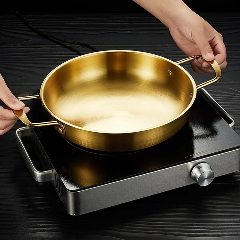 Dual Loop Handle Frying Pans, Stainless Steel Flat Bottom Skillet, Flat Bottomed Induction Dry Pot for Cooking Seafood Fried Rice 1350ML (Gold) - Image 4