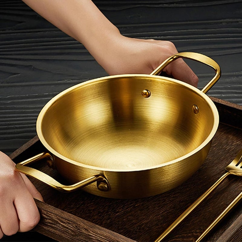 Dual Loop Handle Frying Pans, Stainless Steel Flat Bottom Skillet, Flat Bottomed Induction Dry Pot for Cooking Seafood Fried Rice 1350ML (Gold) - Image 2
