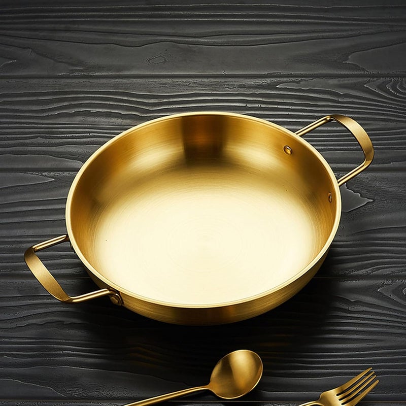 Dual Loop Handle Frying Pans, Stainless Steel Flat Bottom Skillet, Flat Bottomed Induction Dry Pot for Cooking Seafood Fried Rice 1350ML (Gold) - Image 5