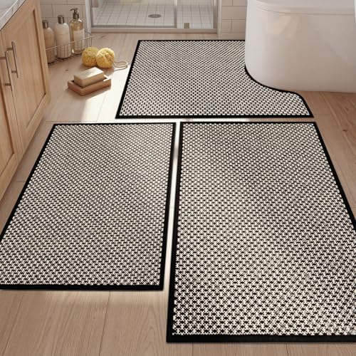YIHOUSE Thin Bath Mat Black Bathroom Rugs Sets 3 Pieces Non Slip Absorbent Bath Mats Quick Dry Woven Braided Rugs Washable Rubber Tapetes para Bao for Bathroom TolietBathtub - Image 1