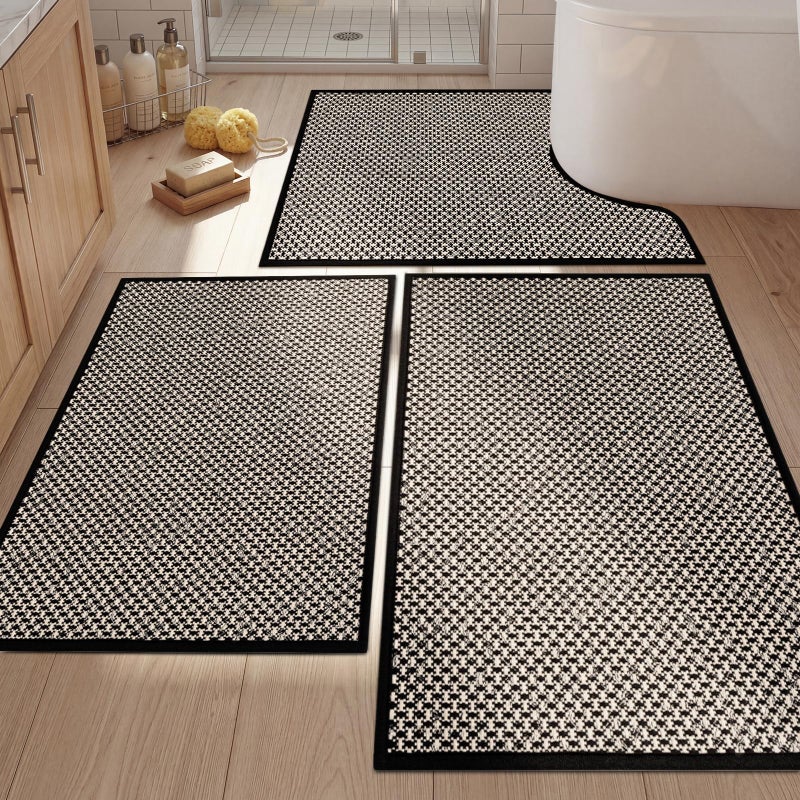 YIHOUSE Thin Bath Mat Black Bathroom Rugs Sets 3 Pieces Non Slip Absorbent Bath Mats Quick Dry Woven Braided Rugs Washable Rubber Tapetes para Bao for Bathroom TolietBathtub - Image 2