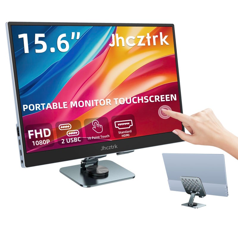 شاشة محمولة بقياس 15.6 بوصة وشاشة تعمل باللمس، بدقة FHD 1080P وتقنية IPS، نحيفة للغاية، شاشة ثانوية خارجية مزودة بمكبرات صوت مدمجة ودعامة تثبيت VESA، شاشة سفر من نوع USB-C لأنظمة الكمبيوتر المحمول ووي - Image 1