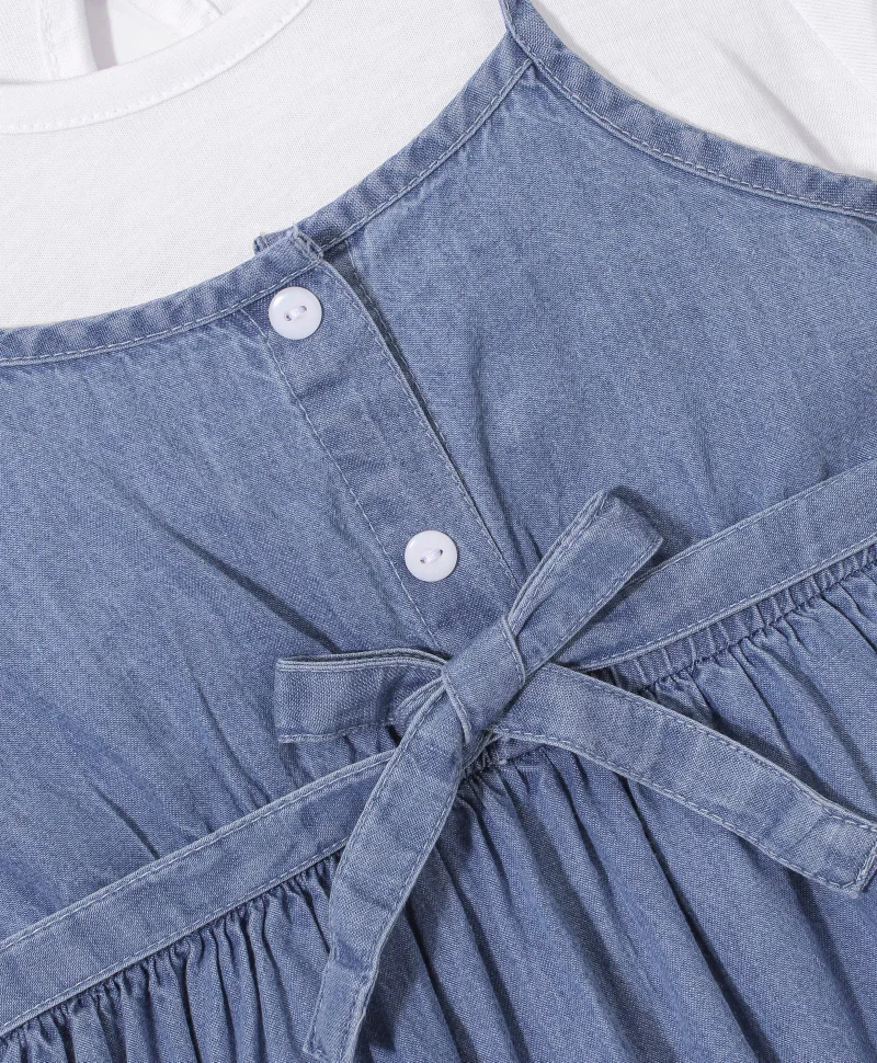 babyhug Babyhug Embroidered Denim Frock with Short Sleeves Inner Tee - Blue