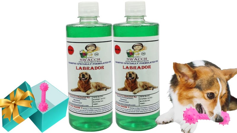 swacch Labrador Dog Shampoo + Dumbbell Toy I Durable Rubber Dog Toy for Chewing I Playing,Teeth Cleaning & Training Toy I Combo Pack I 500ml Pack of 2 Neem Alovera - Image 1