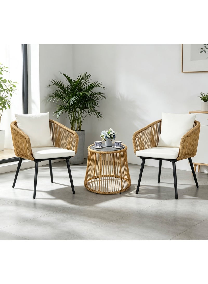 YIYAN 3-Piece Indoor-Outdoor Bistro Set with Wicker Chairs & Glass Coffee Table for Balcony, Patio & Apartment Spaces